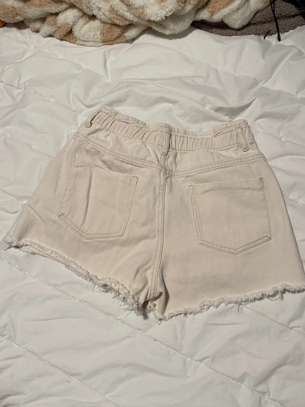 High-Rise Cream Denim Jean Shorts with Frayed Hem